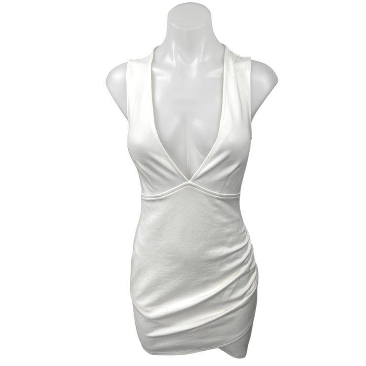 Superdown White Sleeveless Plunge V-neck Ruched Mini Fitted Bodycon Dress Size S