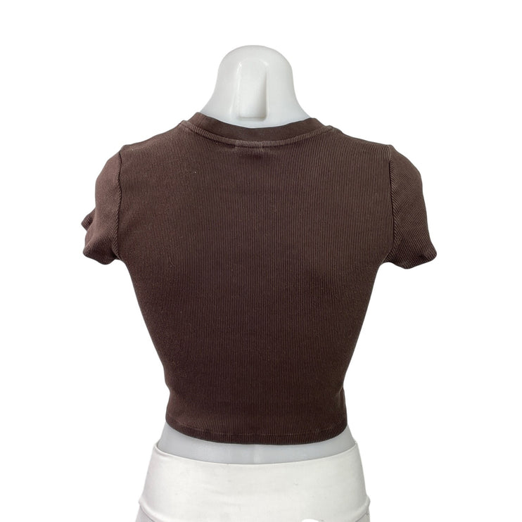 Aritzia TNA Brown Ribbed Knit Crewneck Short Sleeve Crop Tee T-shirt Top Size M