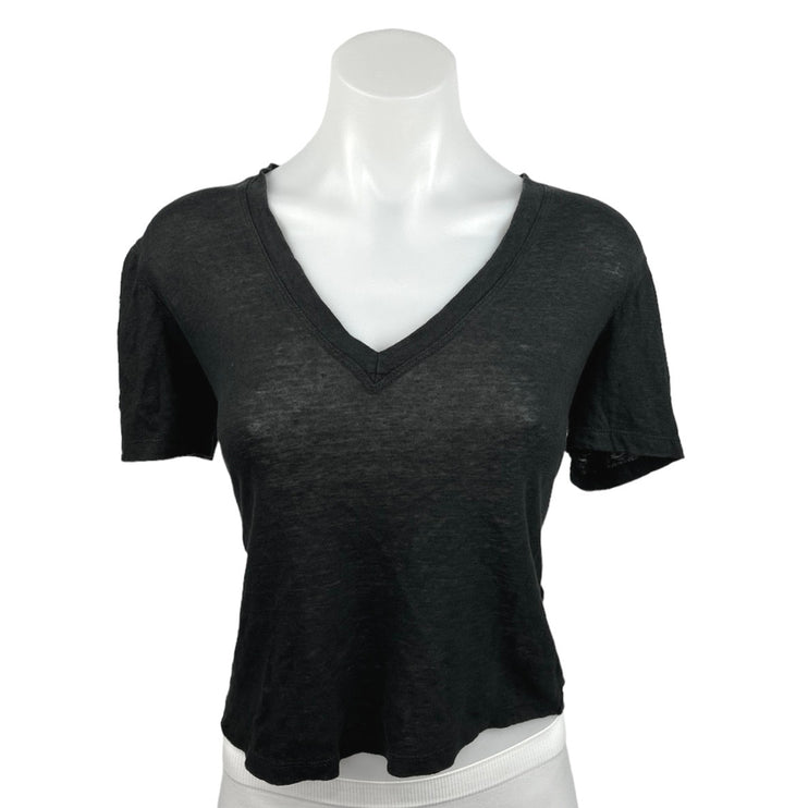 A.L.C. Black V Neck Short Sleeve 100% Linen Cropped T Shirt Tee Top Size XS