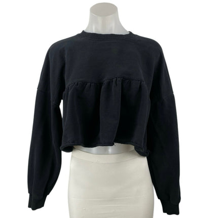 Zara Women's Black Long Sleeve Crew Neck Knit Boxy Ruffle Sweatshirt Top Size M