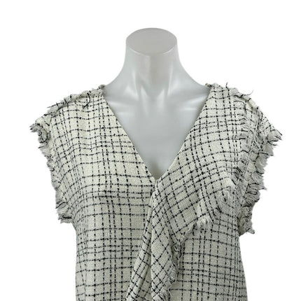 Zara White Black Plaid Short Sleeve Frayed Ruffle Tweed Mini Shift Dress Size S