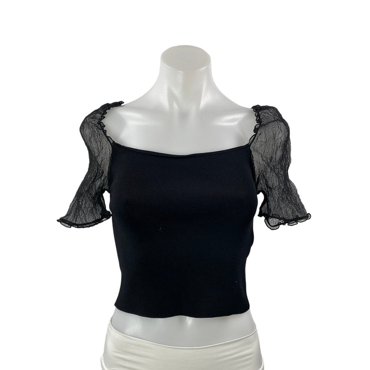 Zara Women's Black Short Sleeve Mesh Sheet Ribbed Knit Blouse Crop Top Size M