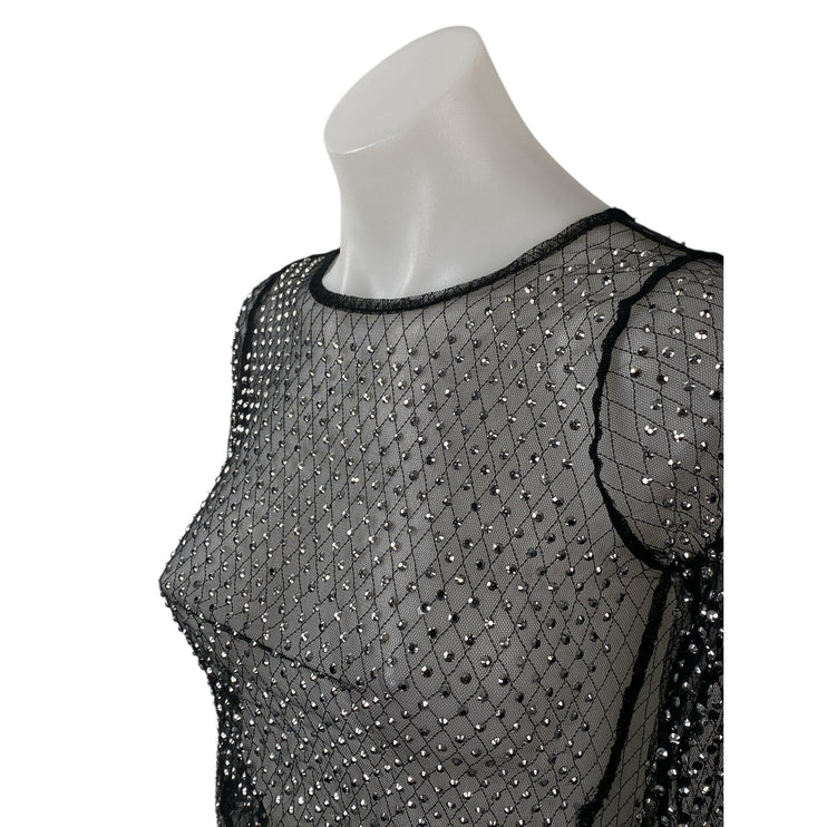 Top Chic Black Rhinestone Mesh Sheer Sparkly Long Sleeve Blouse Crop Top Size S