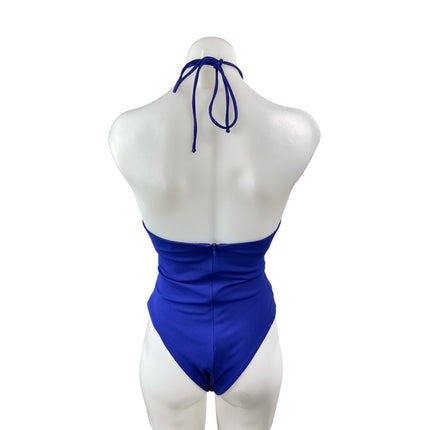 Zara Frill Floral Blue Sleeveless Halter Neck One Piece Bodysuit Swimwear Sz XS