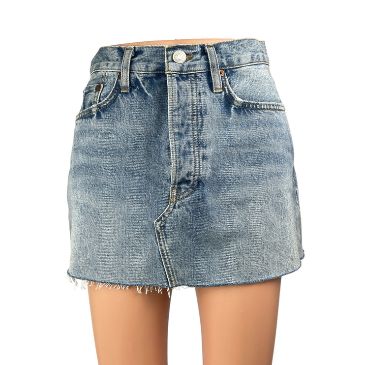 Re/Done Women's Blue HIgh Waist Frayed Raw Hem Mini A-Line Denim Jeans Skirt 25