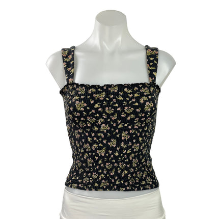 Billabong Womens Black Floral Sleeveless Square Neck Smocked Crop Tank Top Sz S