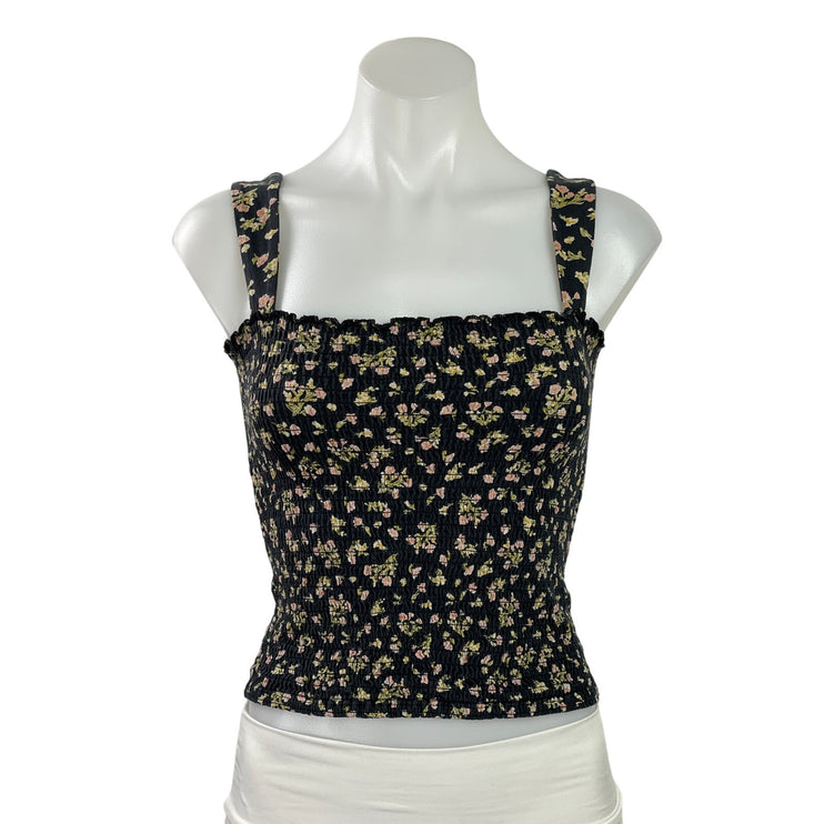 Billabong Womens Black Floral Sleeveless Square Neck Smocked Crop Tank Top Sz S