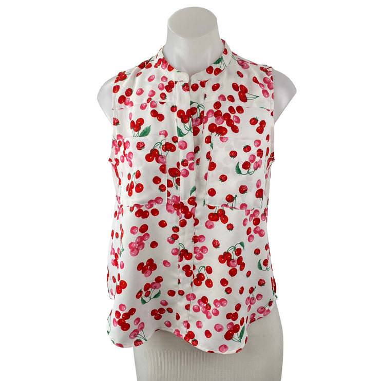 Ann Taylor Petite Raspberry Cherries Fruit Sleeveless Button Down Blouse Top S