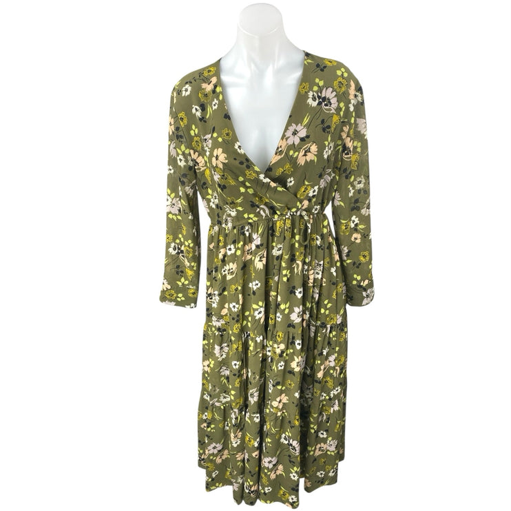 Madewell Olive Green Floral Long Sleeve V Neck Faux Wrap Tiered Midi Dress Sz S