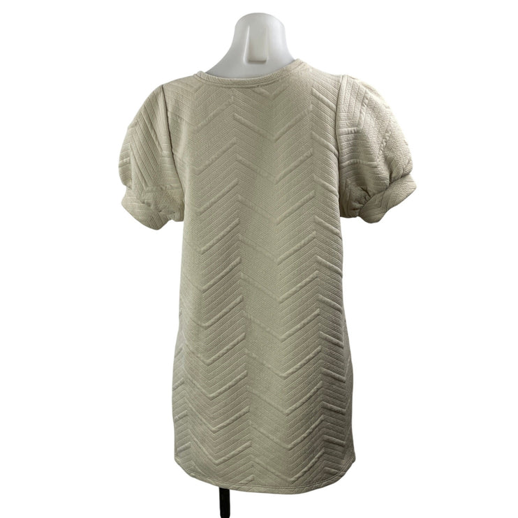 Zara Women's Beige Short Puff Sleeve Embossed Crew Neck Shift Mini Dress Size S
