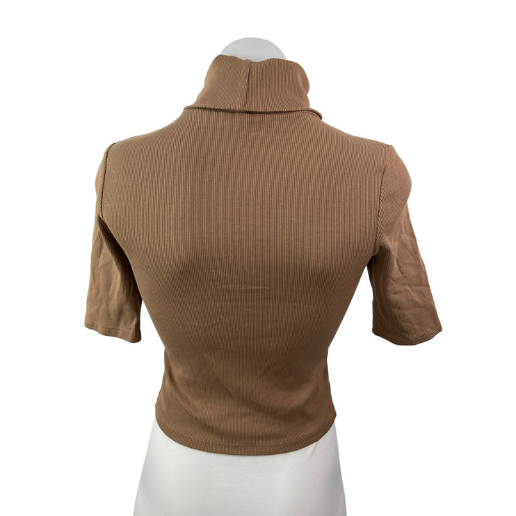 Zara Women's Brown Ribbed Turtle Neck Short Sleeve Slim Sweater T-shirt Top Sz S