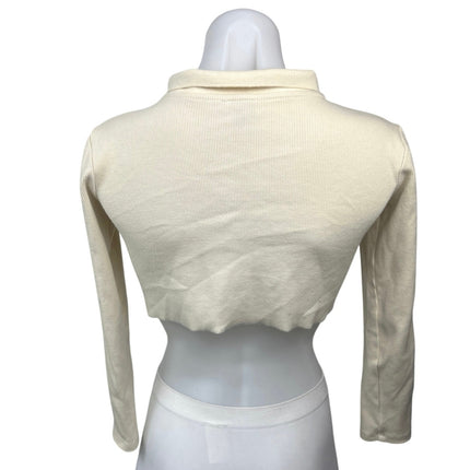 Princess Polly Cream Ribbed Knit Button Up Collar Raw Hem Cardigan Crop Top Sz 2