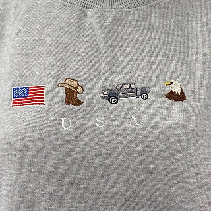 Women's Gray Embroidered USA Flag Cowboy Eagle Long Sleeve Sweatshirt Top Size M