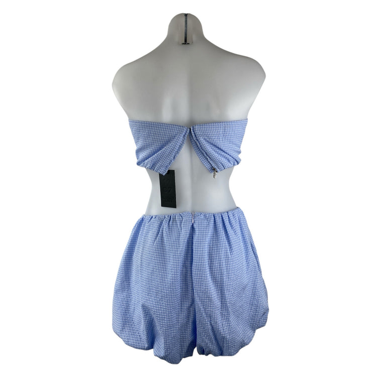 NEW 1987 Blue Gingham Check Strapless Tube Balloon Top Shorts 2 Piece Set Size S
