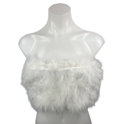 Womens White Faux Fur Fuzzy Fluffy Fringe Feather Strapless Tube Crop Top Size S