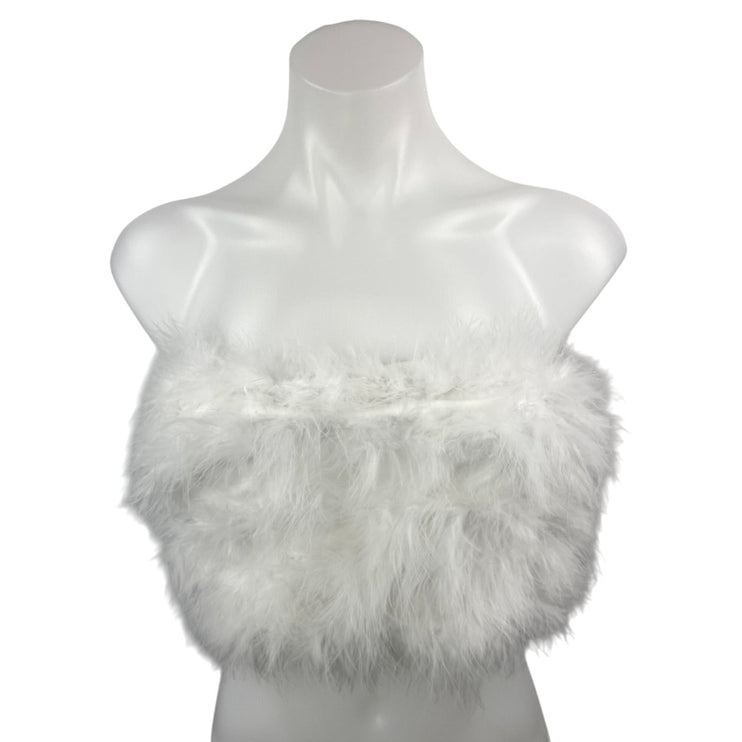 Womens White Faux Fur Fuzzy Fluffy Fringe Feather Strapless Tube Crop Top Size S