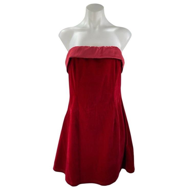 NEW Commense Red Velvet Velour Bandeau Strapless Sleeveless A Line Mini Dress L