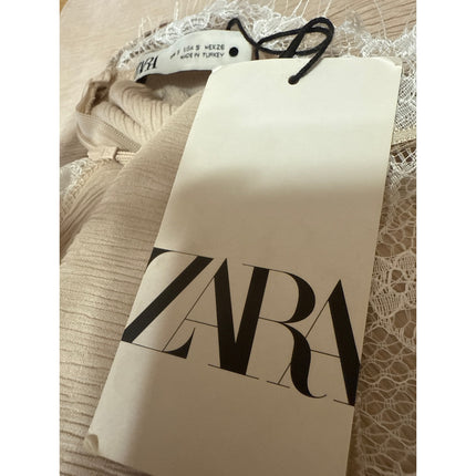 NEW Zara Beige Tan Asymmetrical Cami V Neck Lace One Shoulder Blouse Top Size S