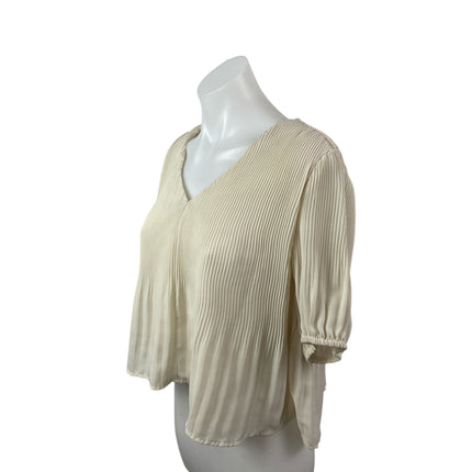 Lulus Women's Beige Short Sleeve Ribbed Knit V Neck Boxy Loose Blouse Top Size S