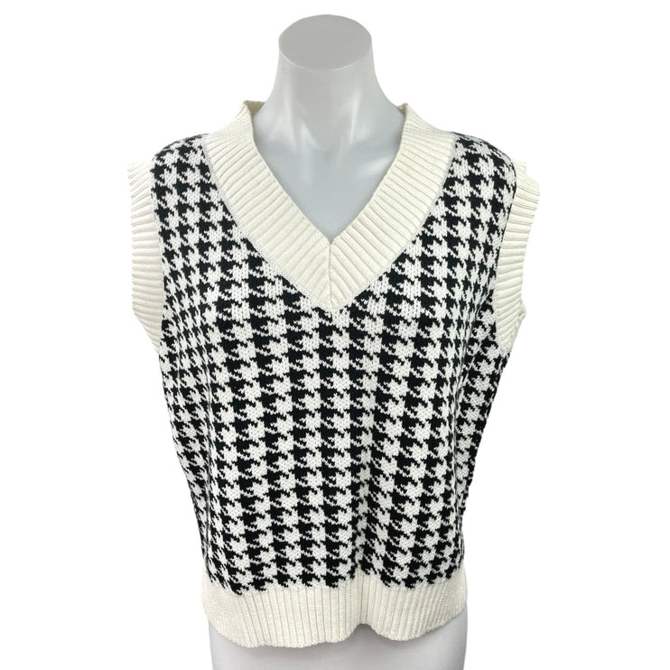 Women's Black White Houndstooth V Neck Sleeveless Sweater Vest Top Size M