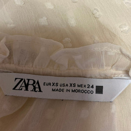 Zara White Long Sleeve Swiss Dot Button Down Ruffle Peplum Blouse Top Size XS