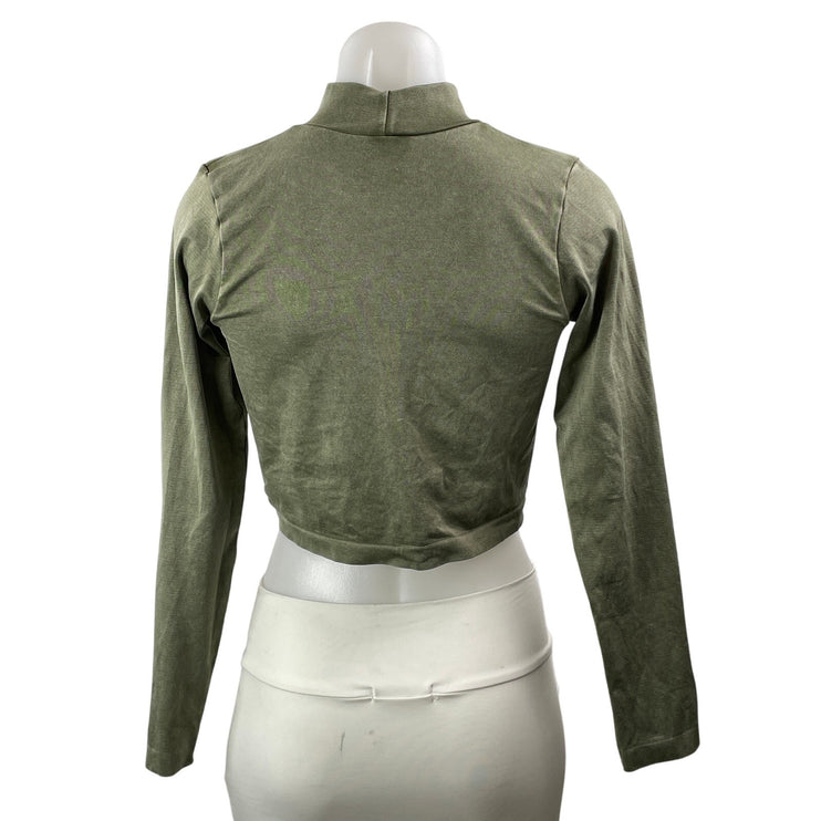 Zara Women's Olive Green Cutout Ruched Mock Neck Long Sleeve Crop Top Size M/L