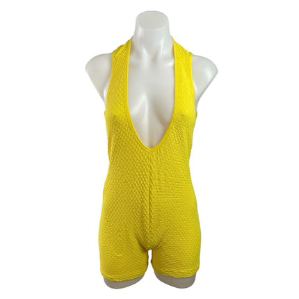 NEW Zara Bright Yellow Plunge Sleeveless Textured Open Back Romper Shorts Size L