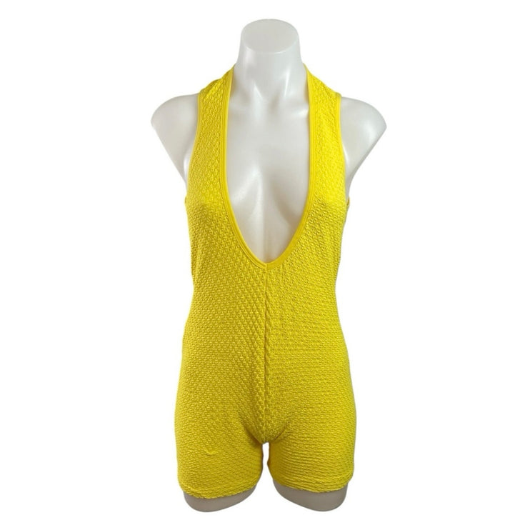 NEW Zara Bright Yellow Plunge Sleeveless Textured Open Back Romper Shorts Size L