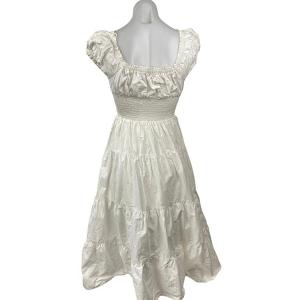 Danielle Bernstein White Smocked Short Puff Sleeve Tierred Midi A-line Dress S