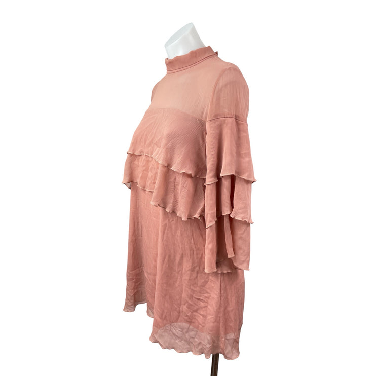 Pink Owl Women's Coral Tiered Ruffle Mock Neck Long Sleeve Mini Shift Dress Sz S