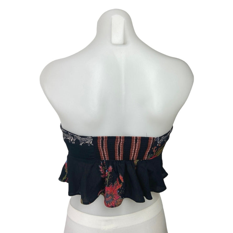 Free People Black Floral Print Bow Front Keyhole Strapless Peplum Crop Top Sz 0