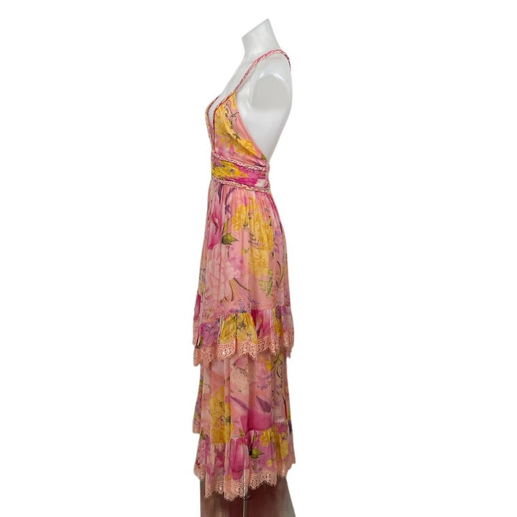 Rococo Sand Leona Floral Braided Ruffled Layered Midi Cami Tank A-Line Dress XL