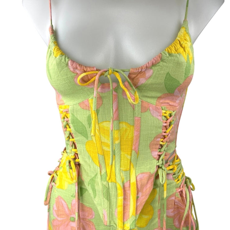 SABO Green Multicolor Floral Corset Bustier Sleeveless Top Skirt 2-Piece Set XS