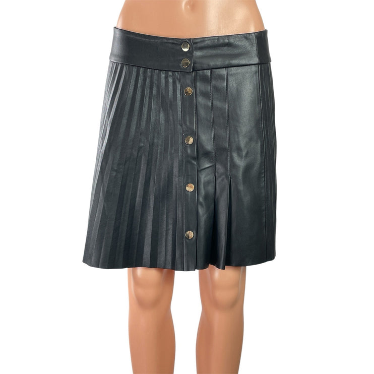 Zara Women's Black Faux Leather Button Down Pleated Low Rise Mini A-Line Skirt M