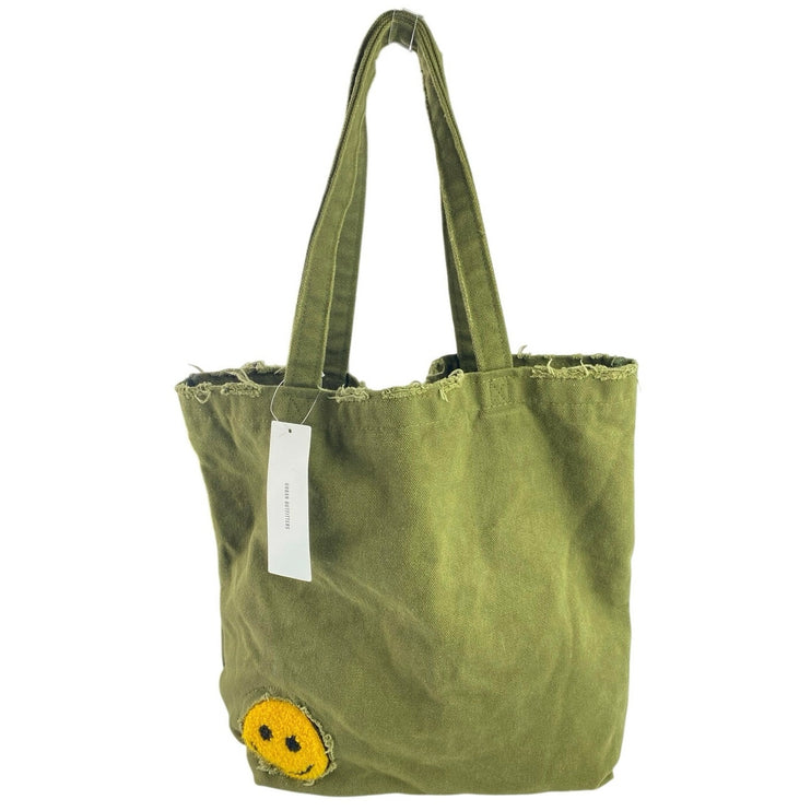 NEW Urban Outfitters Women's Army Green Smiley Patch Distressed Canvas Tote Bag
