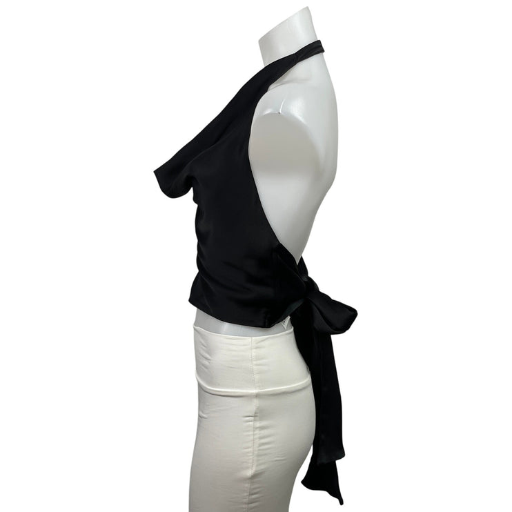 Zara Black Silk Satin Halter Cowl Neck Tie Open Back Backless Crop Top Size M