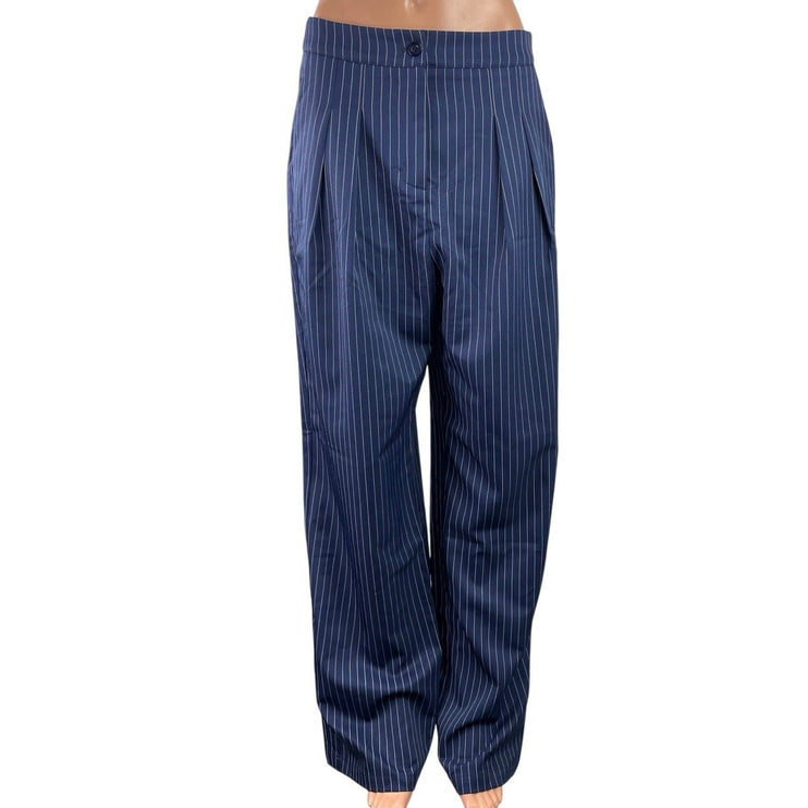 Commense Women's Navy Blue Pinstriped High Rise Wide Leg Trousers Pants Size M