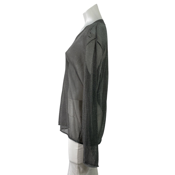 Zara Women's Dark Gray Mesh Sheer Glitter Sparkly V Neck Long Sleeve Knit Top S