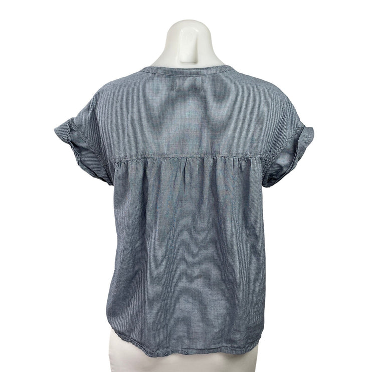 Madewell Womens White Blue Gingham Checkered Cap Sleeve V Neck Tie Blouse Top S