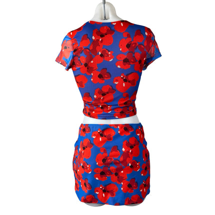 Princess Polly Blue Red Floral Short Sleeve Crop Top Slit Mini Skirt 2 Pc Set 4