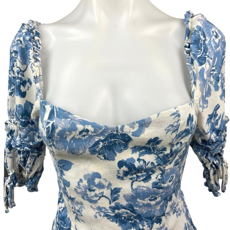 Reformation White Blue Floral Print Puff Sleeve Smocked Blouse Crop Top Size 2