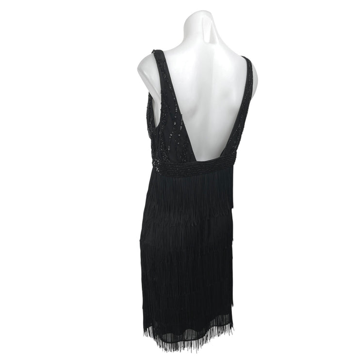 Marina Black Sequin Sleeveless Deep V-Neck Fringe Tank Sheath Mini Dress Size 10