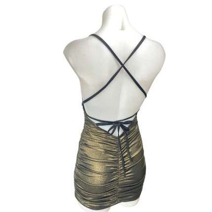 Lucy in the Sky Gold Metallic Shimmer Ruched Cami Camisole Mini Bodycon Dress XS