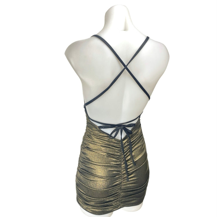 Lucy in the Sky Gold Metallic Shimmer Ruched Cami Camisole Mini Bodycon Dress XS