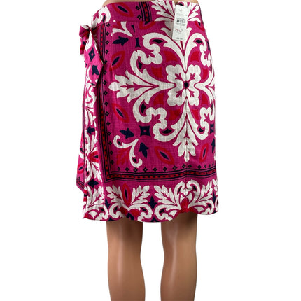 NEW Ann Taylor Pink White Linen-blend Side Tie Sarong Wrap Mini Pencil Skirt S