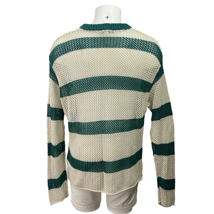 Urban Outfitters Mateo White Green Striped Crew Neck Crochet Knit Sweater Top L