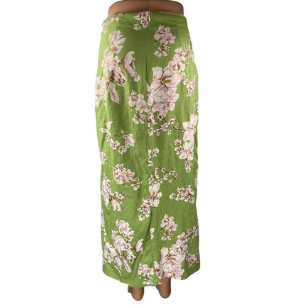 Zara Women's Green Linen Floral Buttons Slit Midi Maxi Straight Pencil Skirt S