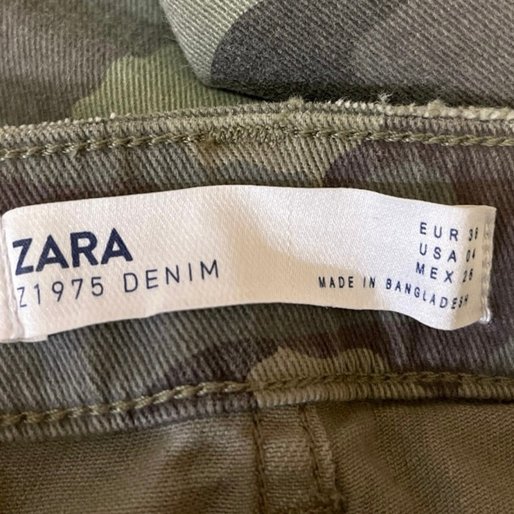 Zara Women's Green Camo Z1975 Mid Rise Military Army Cropped Denim Jeans Size 4