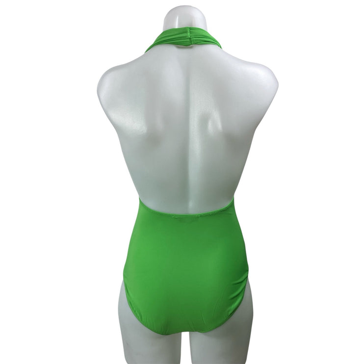 Olivaceous Green Halter Plunging Open Back One Piece Swimsuit Swimwear Size S