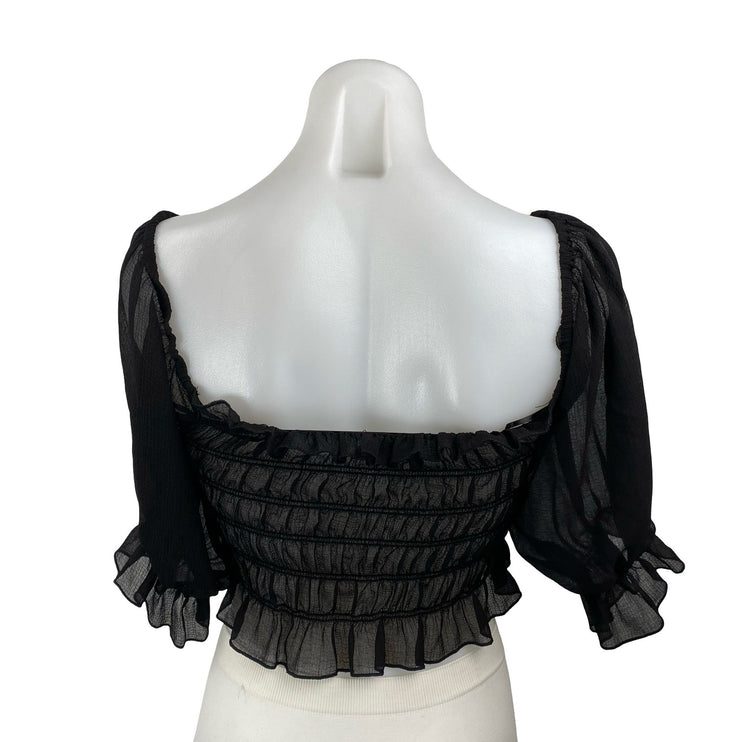 Urban Outfitters Black Smocked Mesh Sheer Half Sleeve Ruffle Blouse Crop Top M